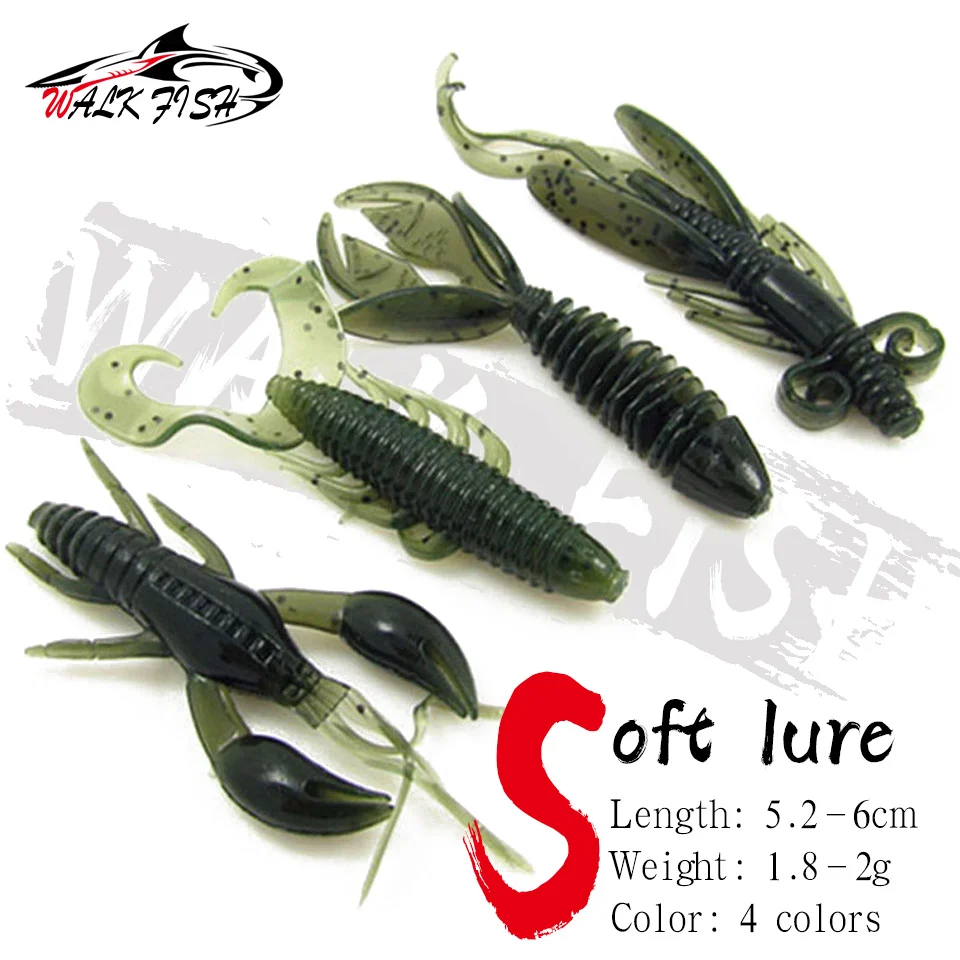 WALK FISH 4Pcs/lot Soft Worm Fishing Lure Alien Shaped Sets 5.2-6cm 1.8-2g Wobblers Silicone Shrimp Bait Flower-tail Maggot Bass