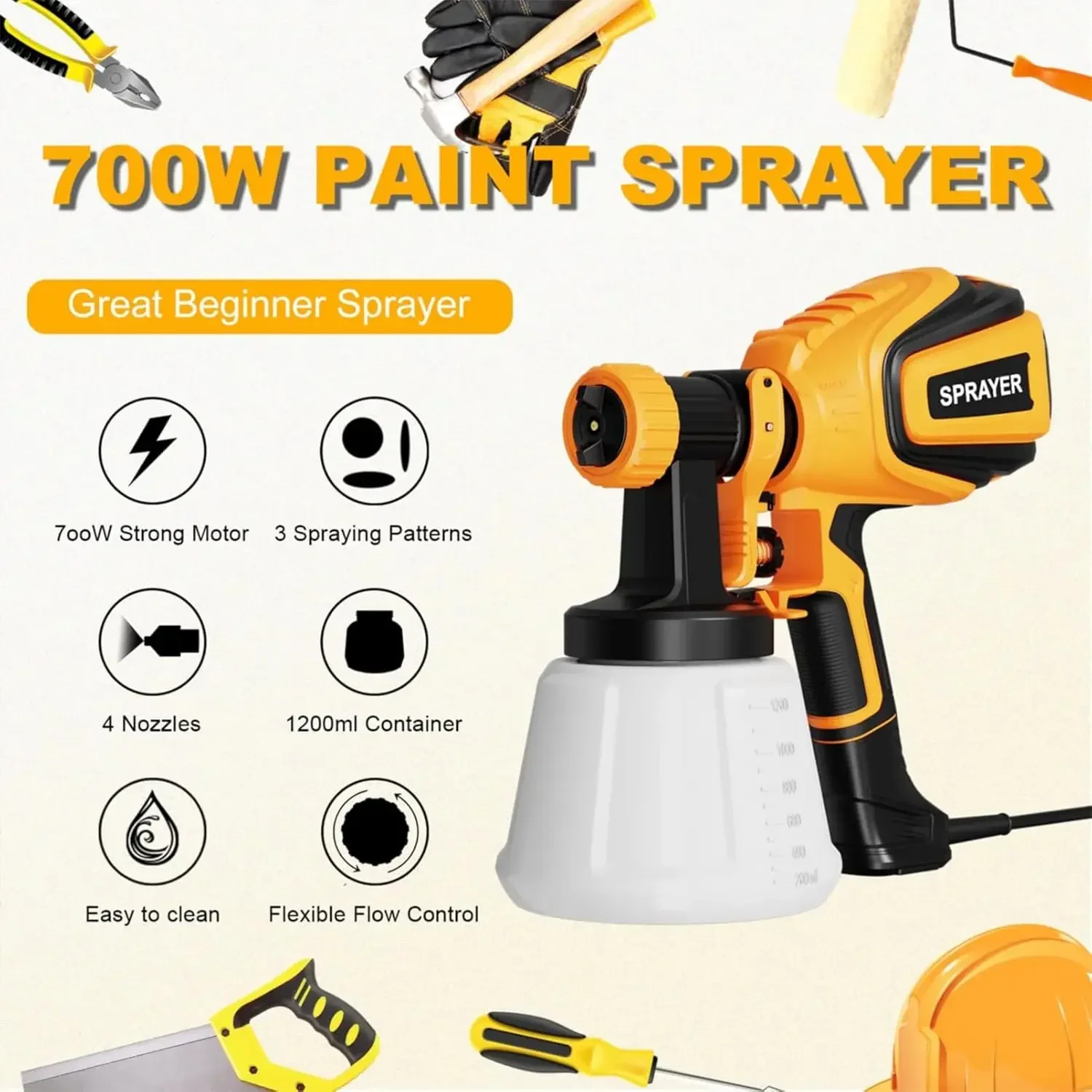 

Paint Sprayer, 700W HVLP Spray Gun with Cleaning & Blowing Joints, 4 Nozzles and 3 Patterns,