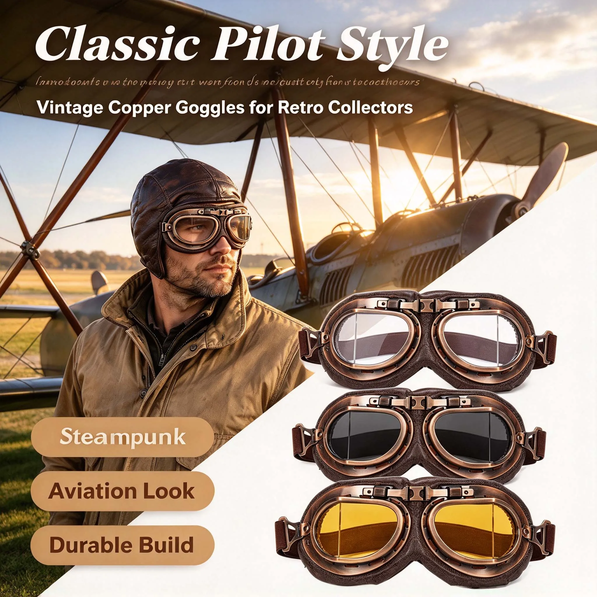 Vintage Moto Goggles Glasses Retro Classic Dustproof Riding Goggles for Men Women Harley Pilot Steampunk ATV Bike Copper Helmet