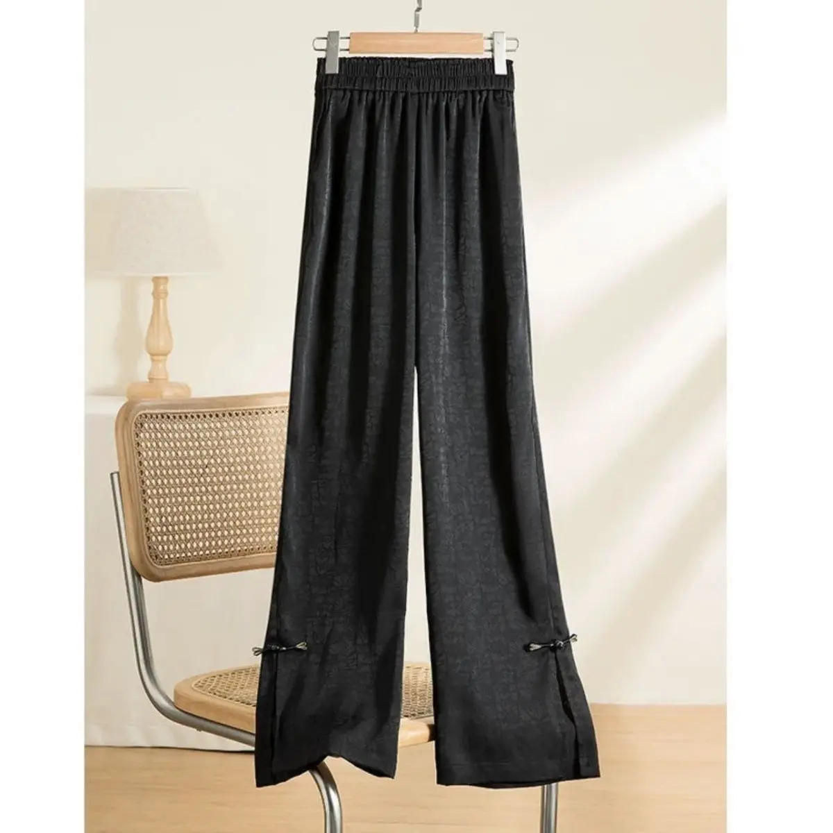 Jacquard High Waist Loose Drape Chinese Style Satin Casual Wide-leg Pants for Women 2025 Summer New Straight Trousers