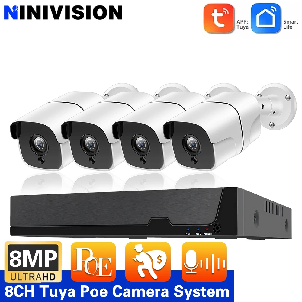 

TUYA 8CH POE NVR Kit 4K Ai Human Detect Камера безопасности Аудиозапись Красочная ночная водонепроницаемая камера видеонаблюдения Набор