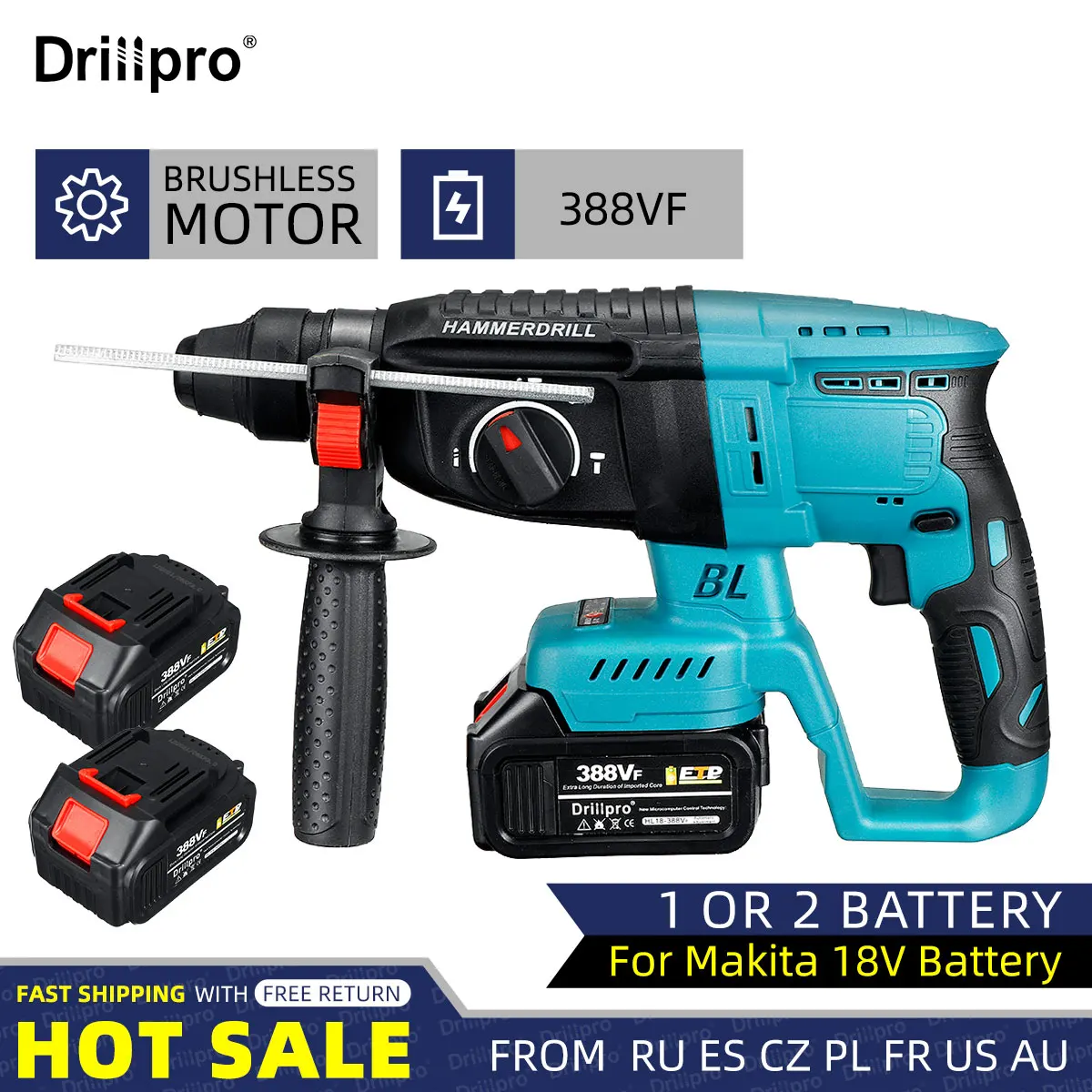 dillpro brushless cordless rotary hammer drill multifuncoes martelo eletrico recarregavel broca de impacto para makita bateria 18v 01