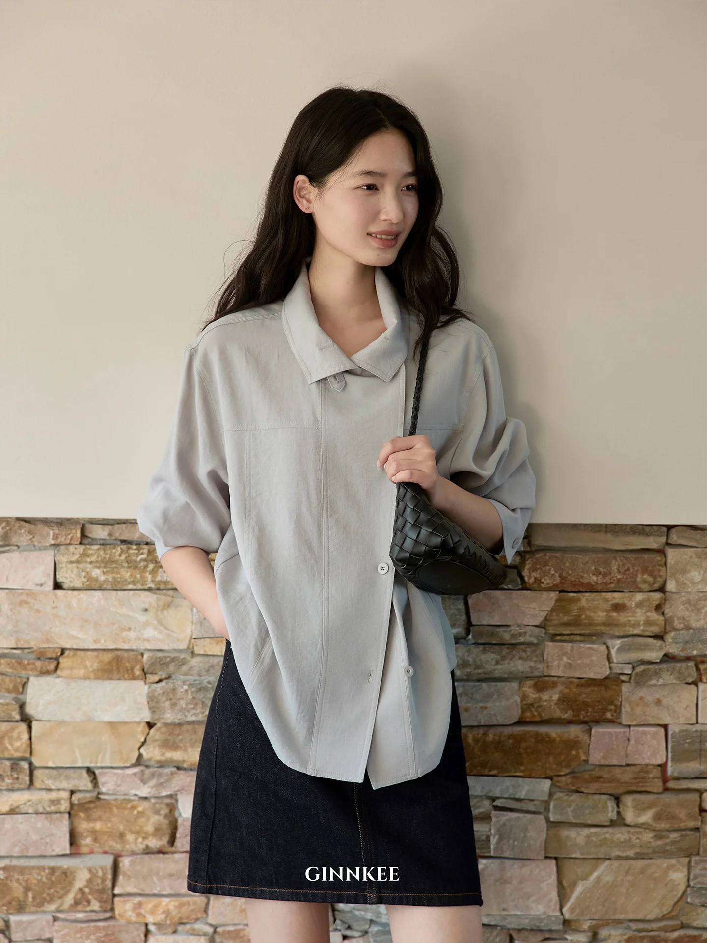 

Versatile Commute irt-Sle Jaet Women's Spring 2026 New Top GINNKEE Flap And Stand Design Nylon And Rayon Blend Long Sve