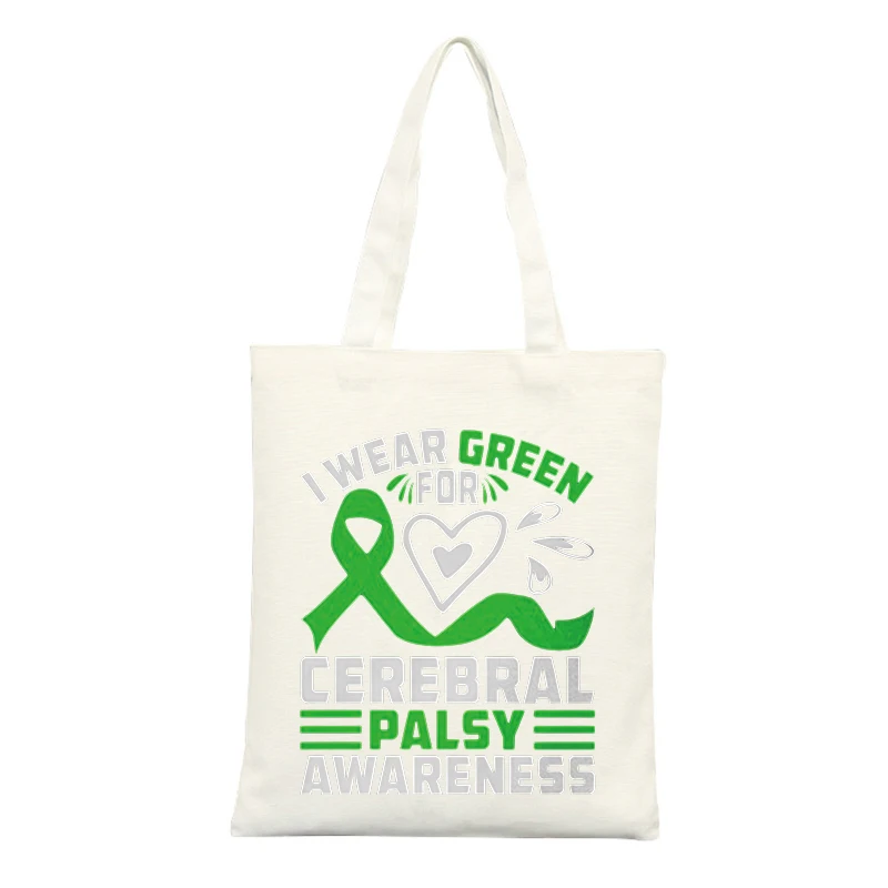 Canvas Tote Bag with Green Ribbon and Cerebral Palsy Awareness Print, Ideal for Casual Daily Use and Awareness Events