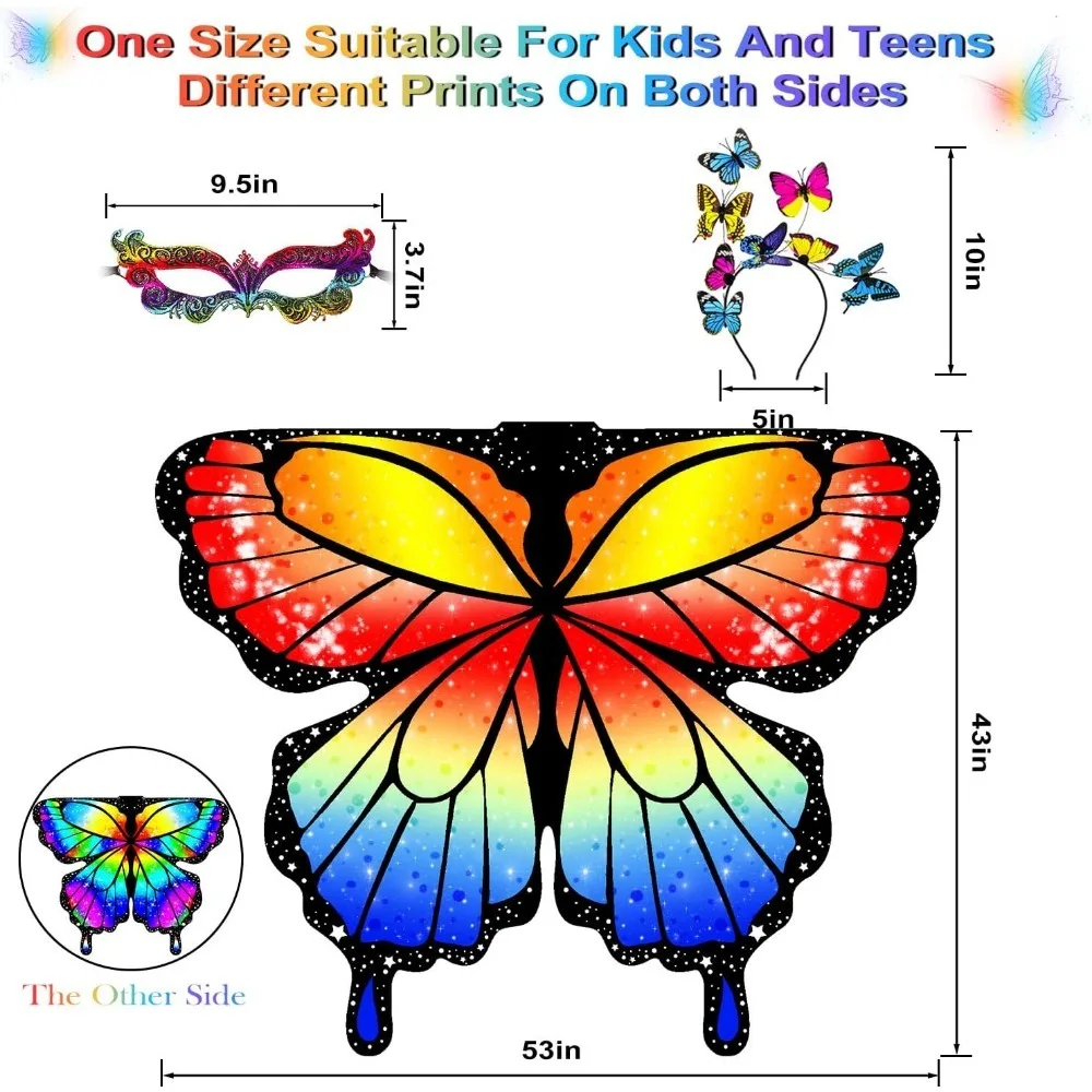 Fantasias de Halloween, asas de borboleta dupla face, asas de fada para meninas, conjunto de fantasias de borboleta de 3 peças.