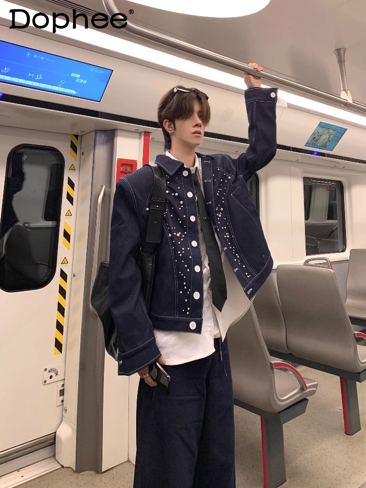 

Men's 2025 Autumn New Pants Sets Masculinity Pearl Design Padded Shoulder Jackets Male Short Coats Curved Pants Two-Piece Sets