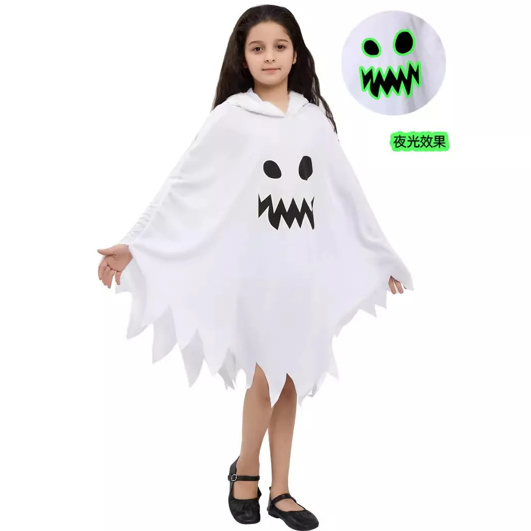 

White luminous ghost cape, Halloween children's costume, luminous ghost face shawl, party costume, festival performance costume