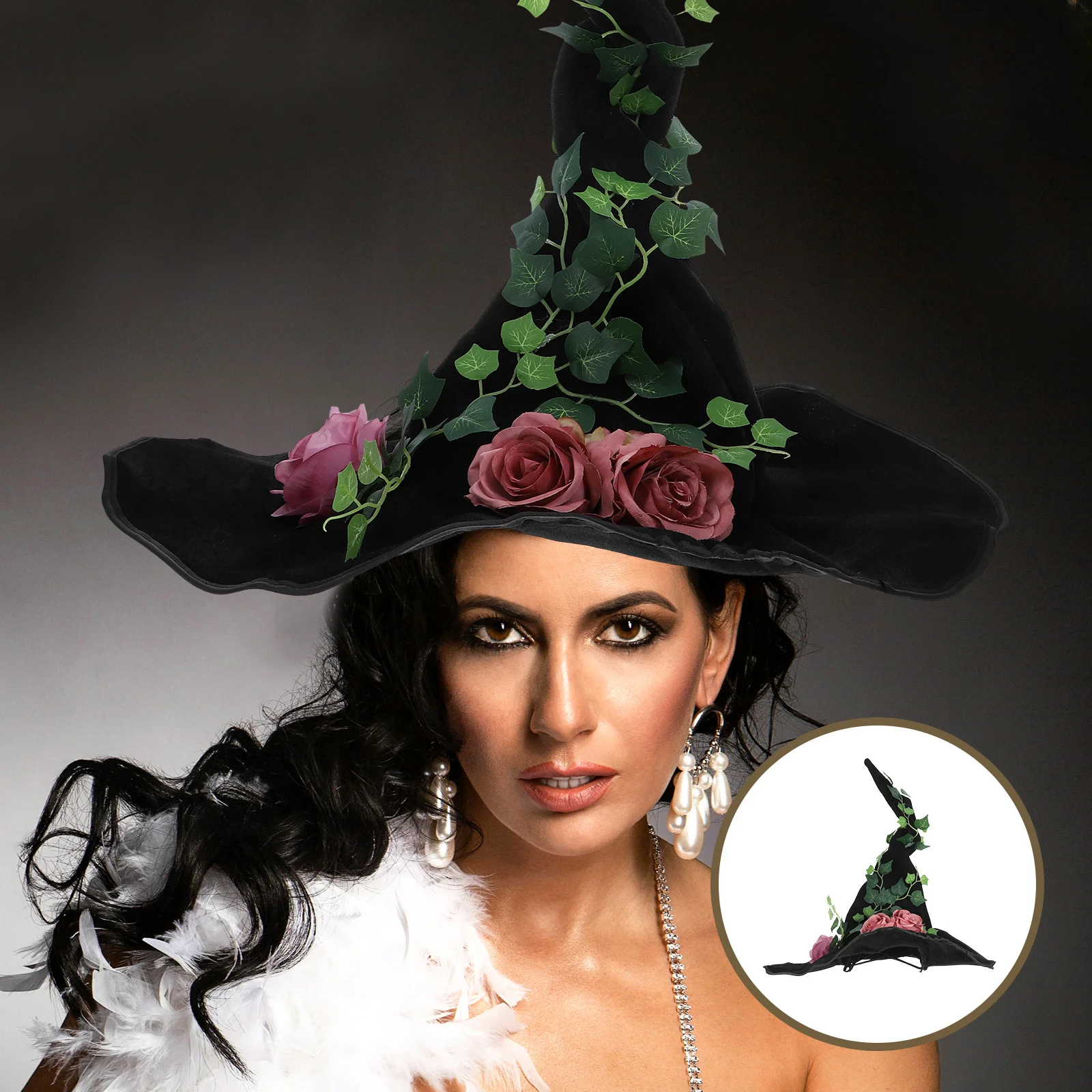 

Wizard Hats Witch Hat For Women Halloween Gothic Rose Vine Wide Brim Pointed Wizard Hat Party Accessory
