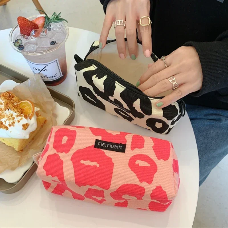 

Japanese Style Leopard Cosmetic Bag Women Canvas Handbags Purse Organizer Pencil Case Lipstick Bag Makeup Bags Women Leopard Bag