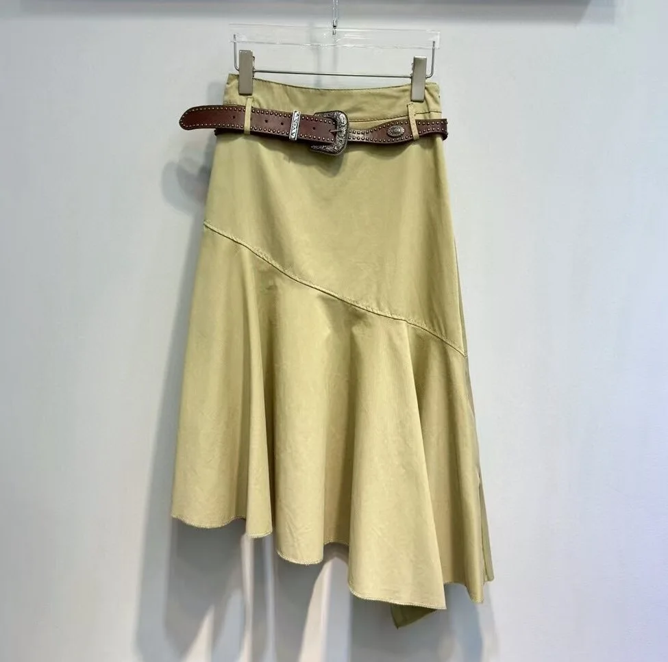 New Arrival Skirts 2025 Autumn Fashion Design Clothes Women Belt Deco High Waist Sexy Asymmetrical Style Skirt Khaki Black Color