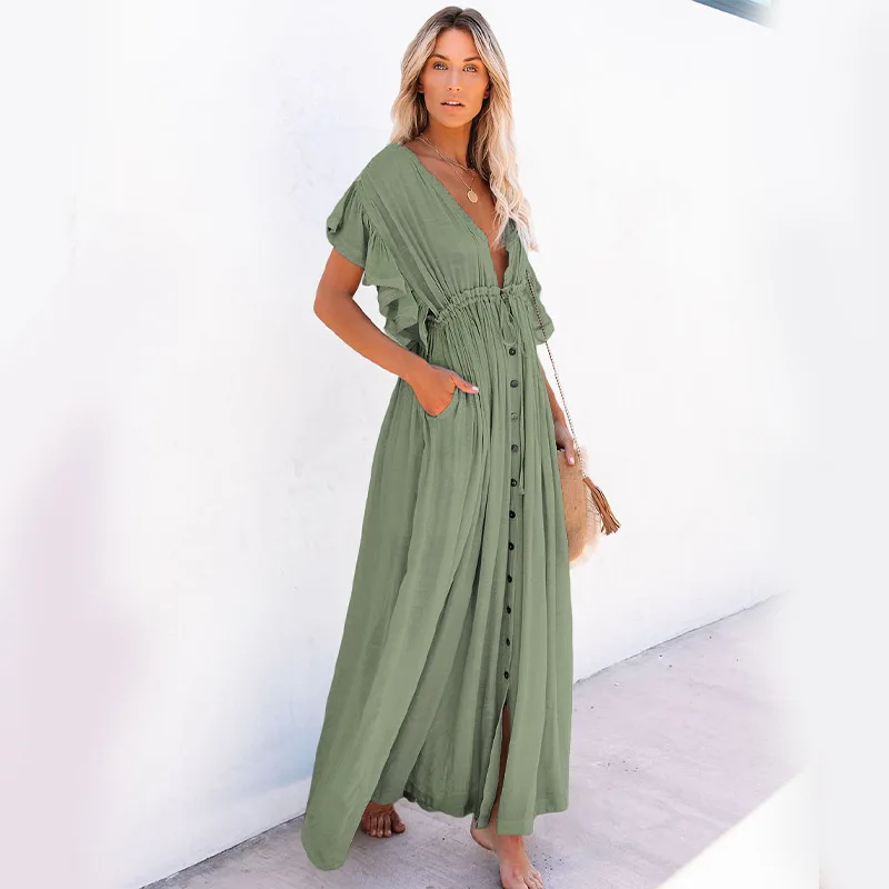 

JY New solid color flying sleeves summer beach vacation long dress with deep V-neck and waist cinching sexy slim fit dress