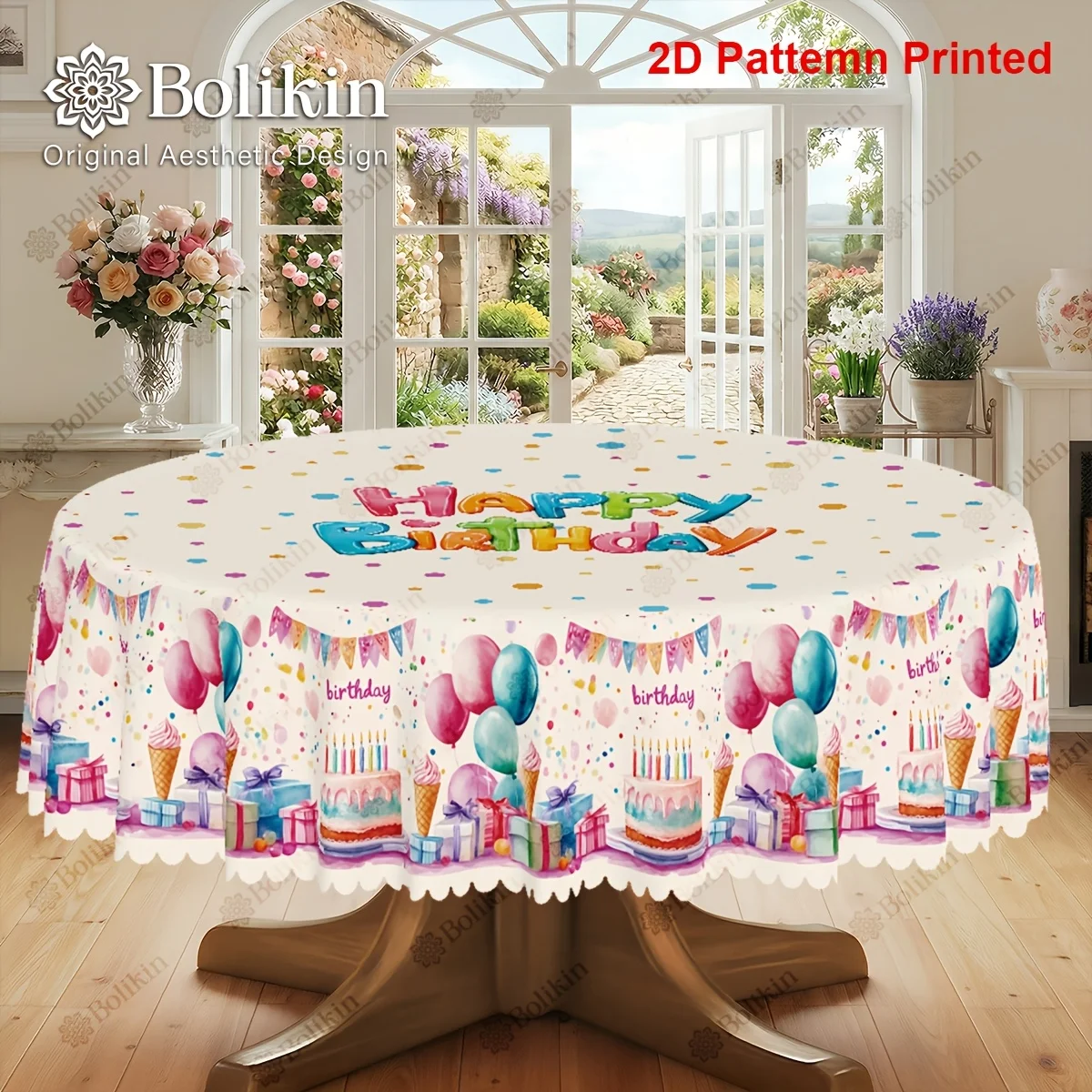 One item, birthday celebration themed tablecloth with balloon and ice cream cake print designzyc