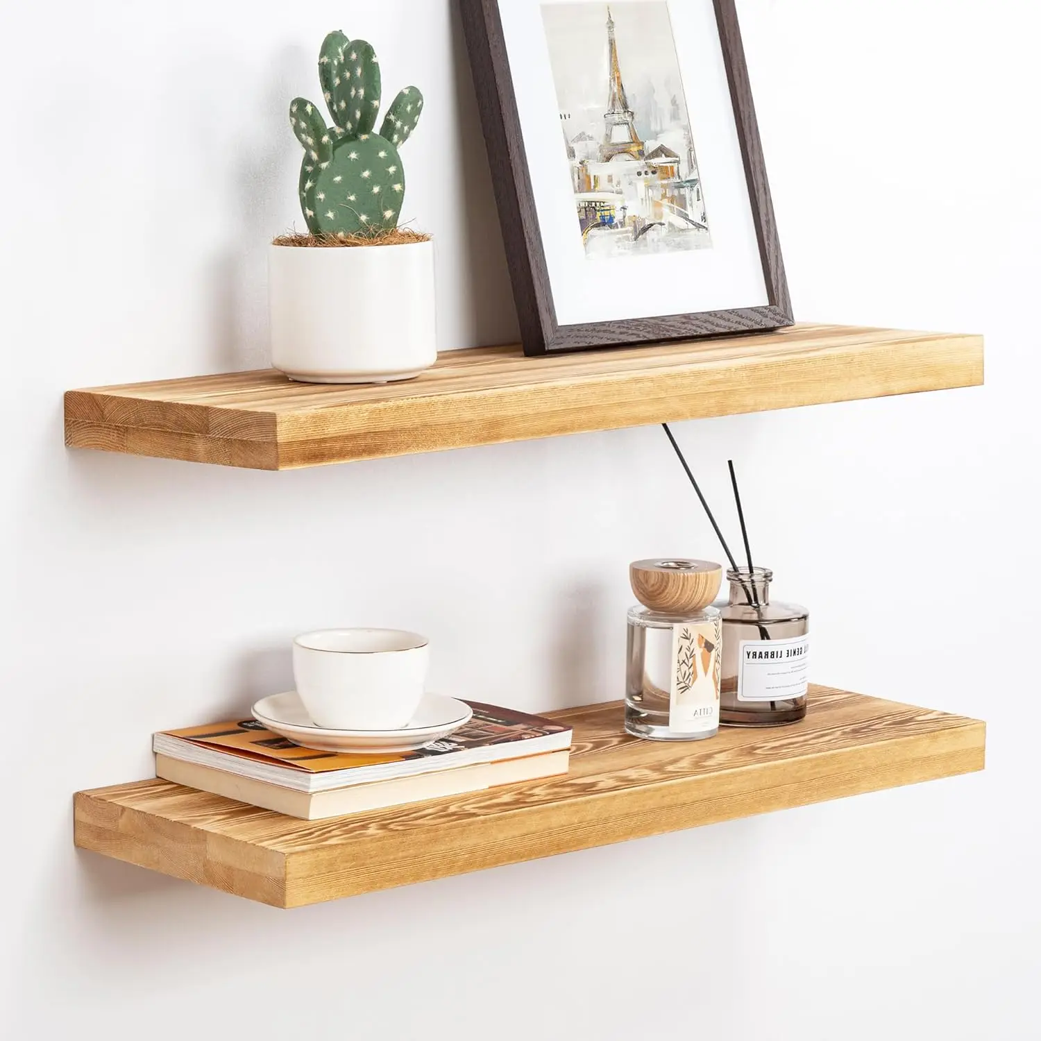 Rustic Floating Shelves Set, Wooden Floating Shelves for Wall 24 Inches Long, 8 Inch Deep Wood Shelves for Living Room Bedroo