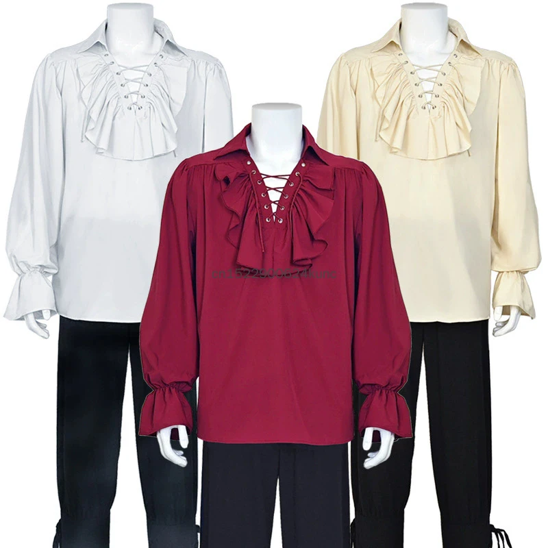 Medieval Steampunk Long Sleeve Ruffled Shirt for Men European Renaissance Vintage Bandage Laple Pirate Shirt Halloween Costumes