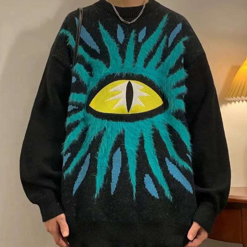 From Mars World Eye Design Fun Jacquard Round Neck Sweater Men's and Women's Loose Versatile Knit fashion tops harajuku clothing