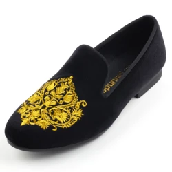 Men's Velvet Embroidered Loafers Black Formal Dress Shoes for Wedding Party & Back to School Premium Casual Luxury Footwear
