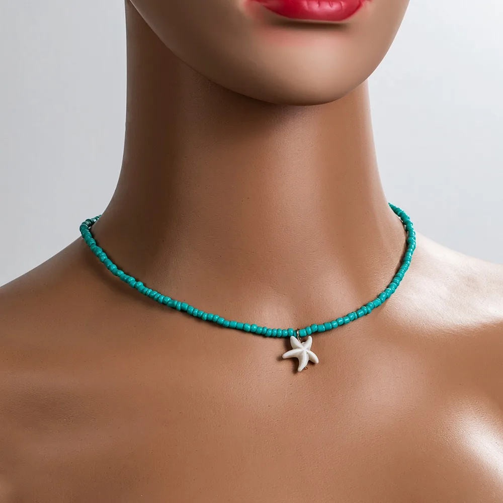 Boho Dopamine Green White Two-color Turquoise Beaded Starfish Pendant Adjustable Necklace for Women Beach Picnic Jewelry Gifts