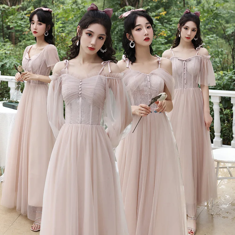 

Minimalist Style Pink Bridesmaid Dress Long Sleeved Temperament Slimming Group Best Friend Dress 2024 New Lace Evening Dresses