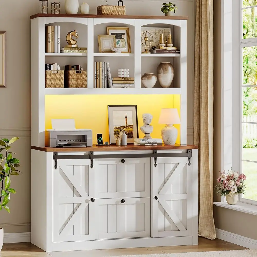 

Белый офисный шкаф для документов 41 с выдвижной панелью для розеток, светодиодной подсветкой, полками для хранения и дверцей-гармошкой