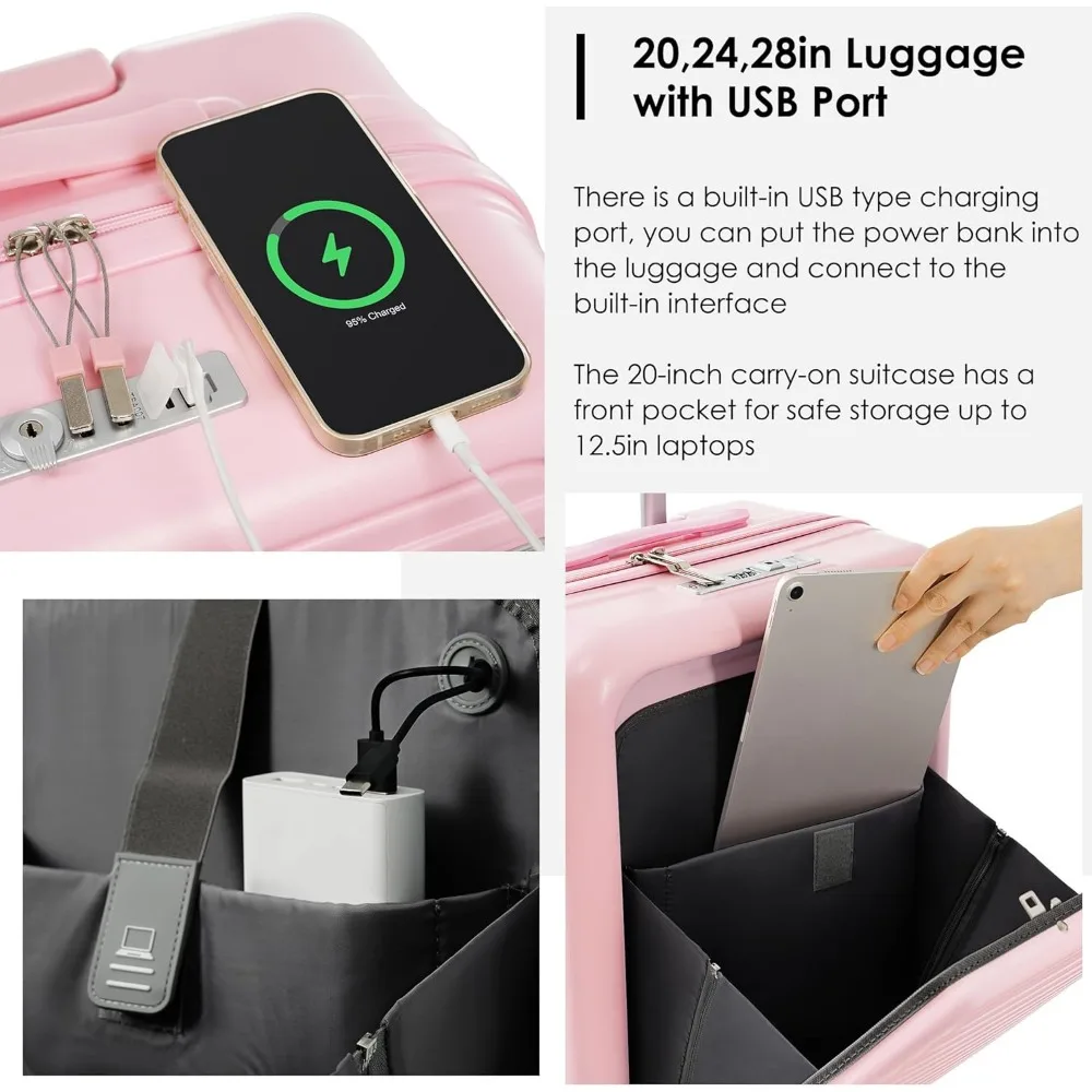 3-piece luggage set with spinner wheels, hard shell, lightweight, tsa lock, usb port, cup holder, 20" or 24" with front opening