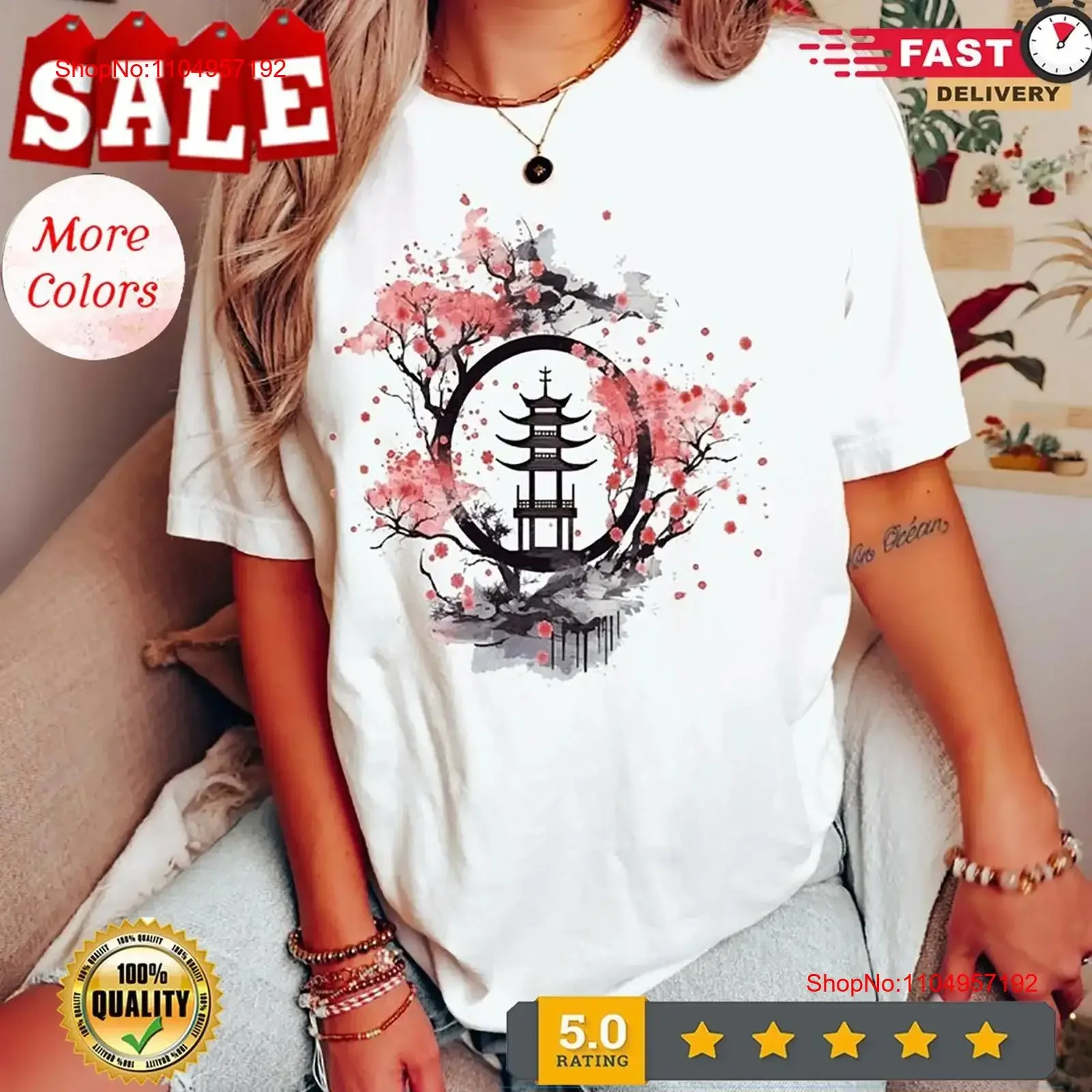 

Japanese Pagoda T Shirt Watercolor Ink Art Cherry Blossom vintage Washed Stylish Stretched designer clothes Soft Breathable