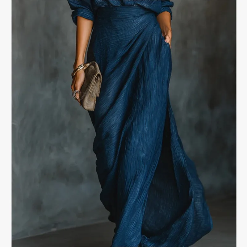 أنيقة مثير بلون واحدة الصدر طويلة الأكمام تي شيرت غير النظامية مطوي تنورة قطعتين مجموعة ربيع الخريف النساء الملابس #3