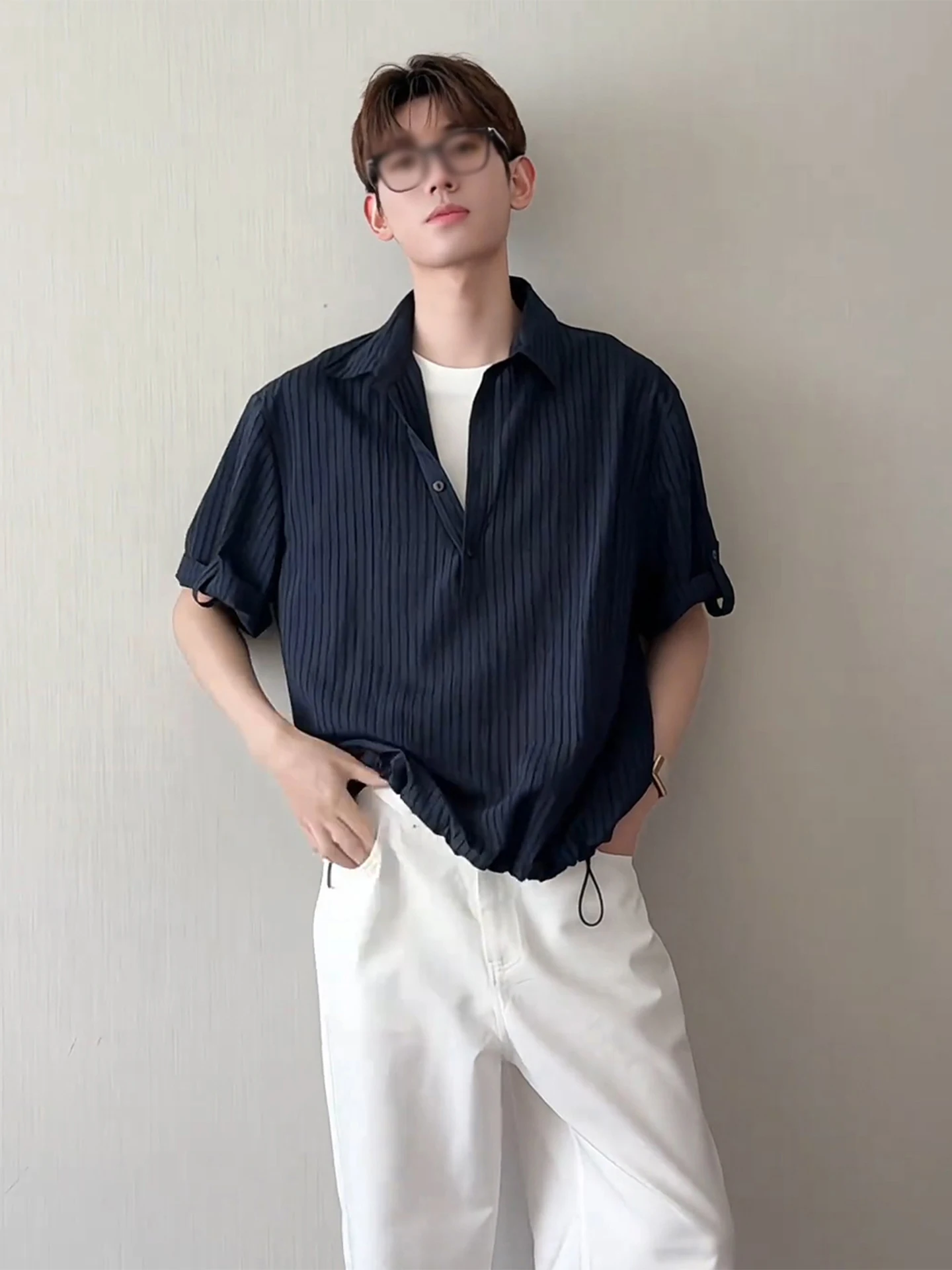 

Summer Texture Stripe Shirt Half Sleeve Men's Casual Style Polyester Nylon Blend Resistant to Fading And Shrinkage