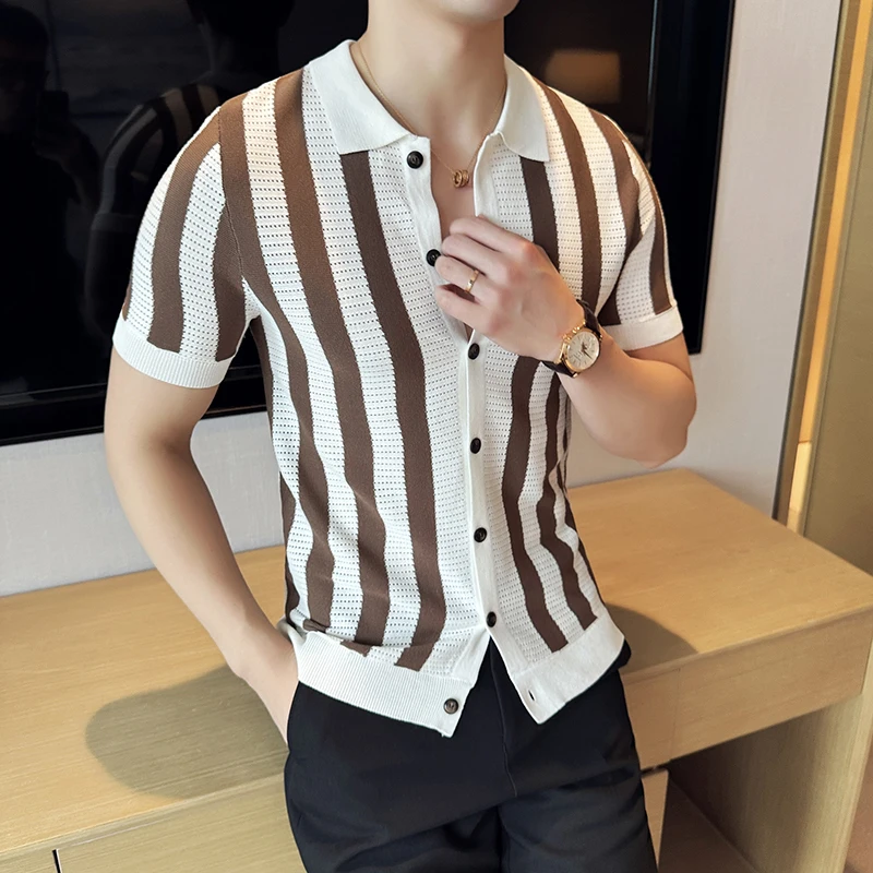 Slim Fit Men\'s Lapel Short Sleeve Shirt, Youth Stripes Cardigan, Stretchable, Breathable M-4XL Men\'s Striped Cardigan