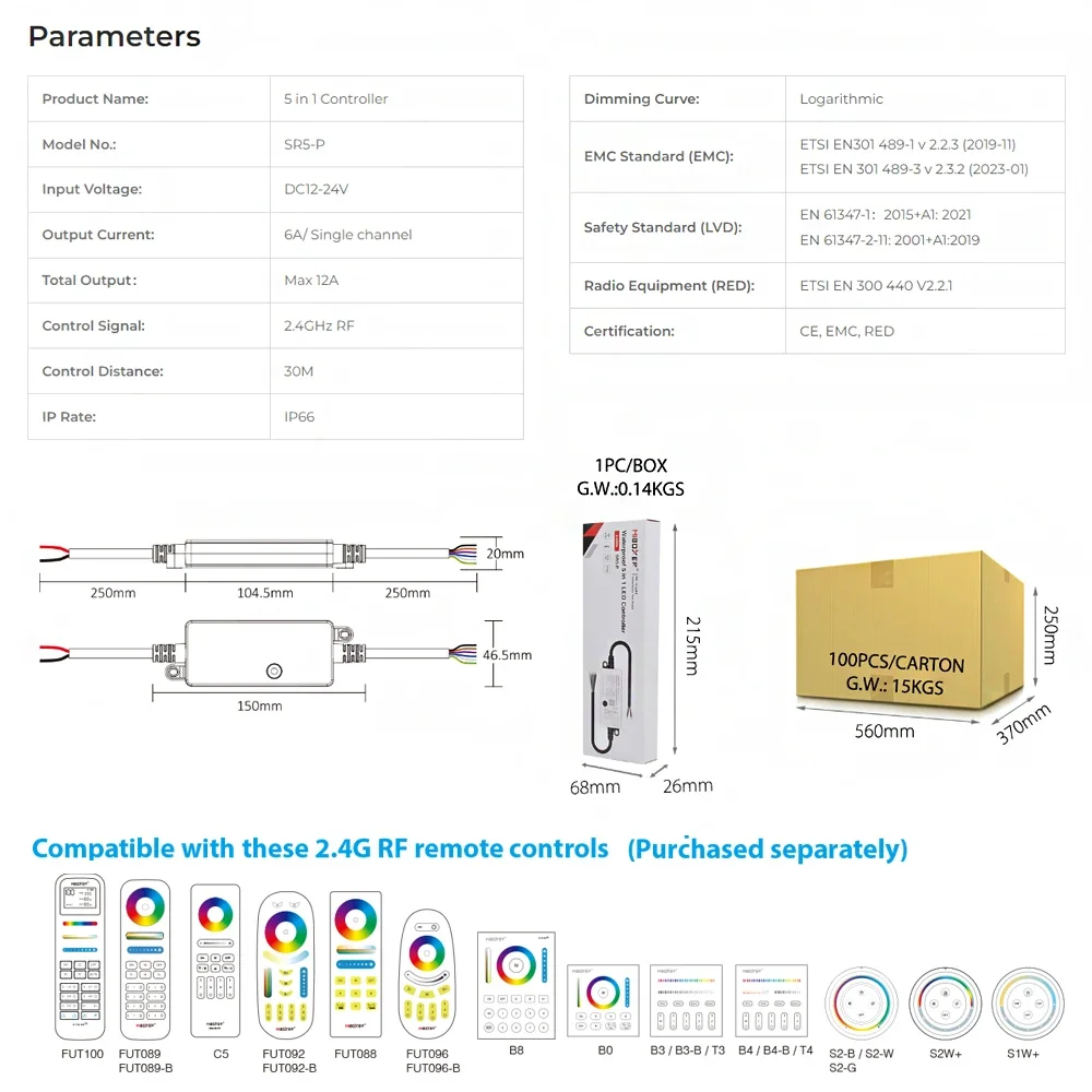 Miboxer Waterproof 5 in 1 LED Controller SR5-P 2.4G RF Remote Control for DC 12V 24V Single Color CCT RGB RGBW RGB+CCT LED Strip