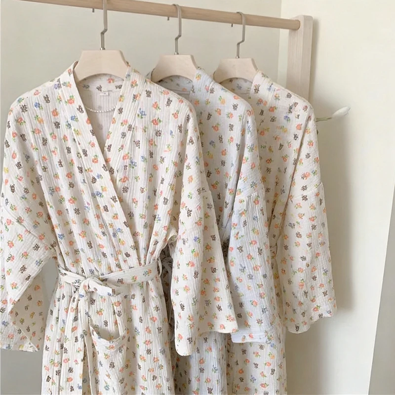 

Japanese Kimono Long Sleeved Nightgown Cute Little Bear Nightgown Women Autumn Long Sleepwear Ladies Soft Bathrobe Home Wear