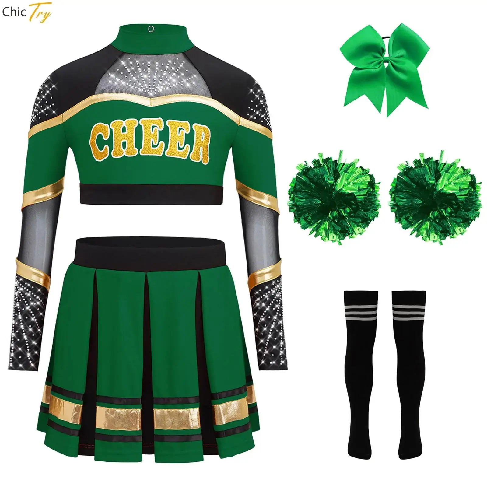 

Girls Cheerleading Costumes Uniform Rhinestones Crop Top Pleated Skirt Flower Balls Socks School Sports Cheerleader Dance Outfit
