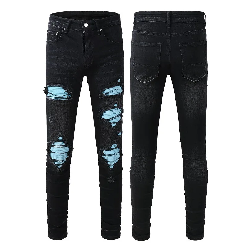 

Trendy men jeans slim fit elastic ripped flannel patch outer mens clothing young men