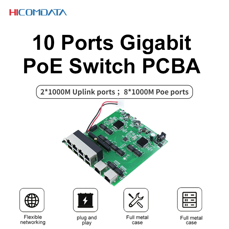 

10 Ports Gigabit POE Switch Unmanaged 1000Mbps 8 PoE +2 Uplinks IEEE802.3af/at 150W Ethernet Switcher for IP Camera