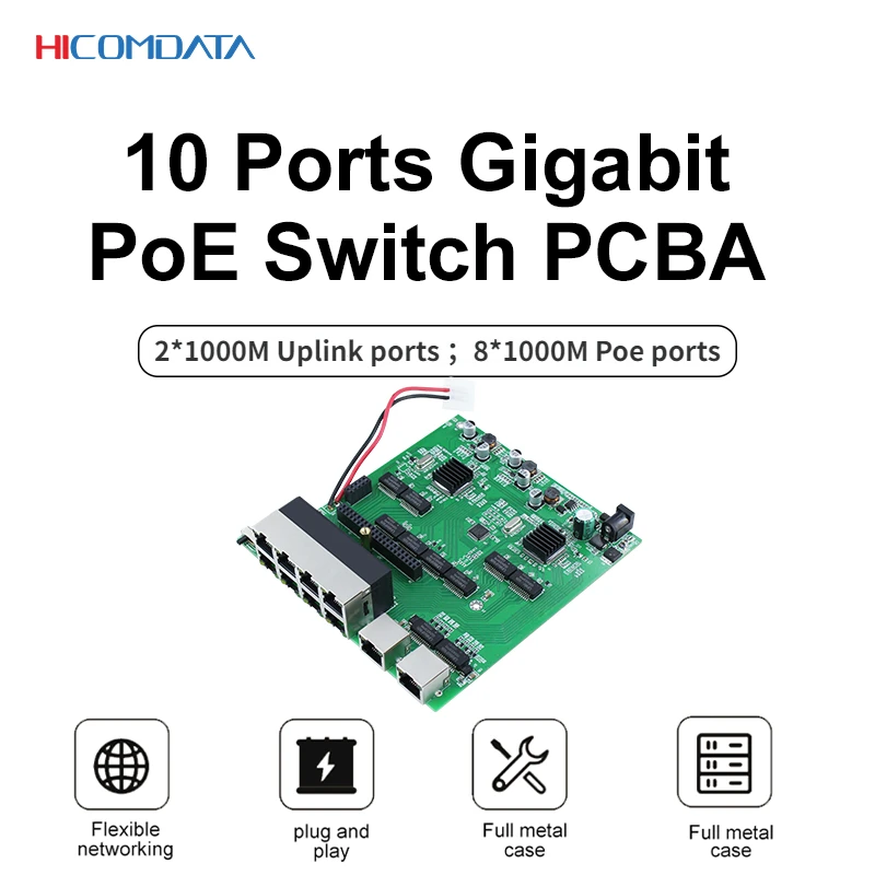 Commutateur Ethernet pour caméra IP, 10 ports Gigabit, non géré, 1000Mbps, 8 PoE + 2 liaisons ascendantes IEEESterilial, 3PG/at, 150W