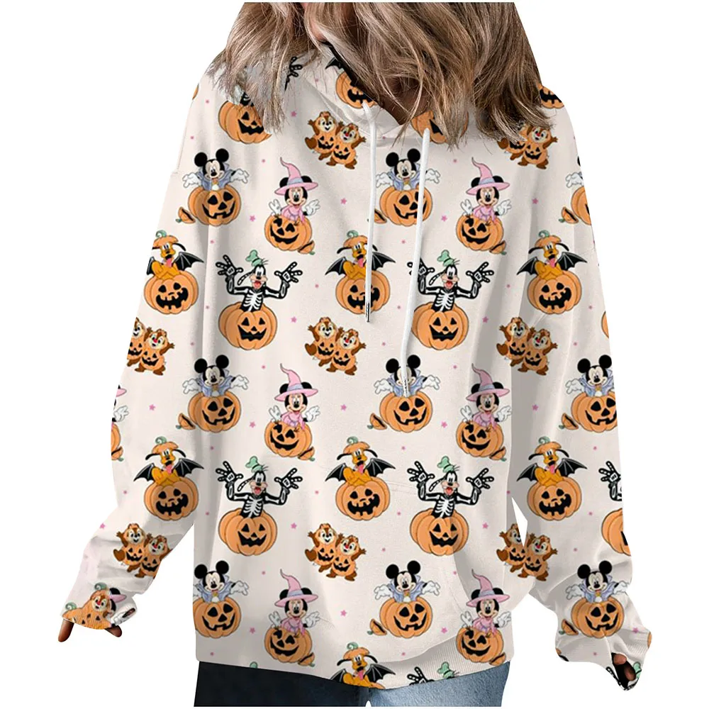 Women's autumn and winter casual loose and comfortable warm white Disney Mickey Mouse printed round neck long sleeved pullover