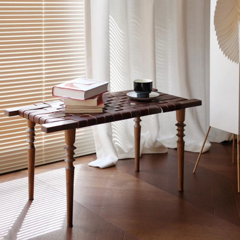French retro solid wood shoe changing stool home entrance entrance bench leather woven square stool
