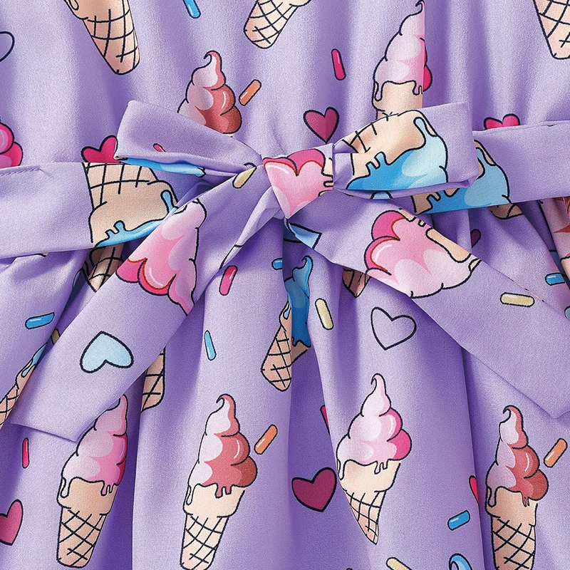 Purple Ice Cream Pattern Girls Sleeveless Elegant Polyester Dress with Belt and Hat Perfect for Vacation