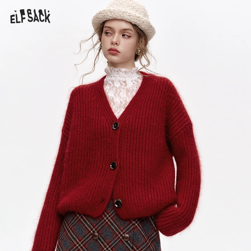 

ELFSACK 2025 Spring New Arrivals Versatile Short Thickened V-neck Long Sleeve Knitted Cardigan Women