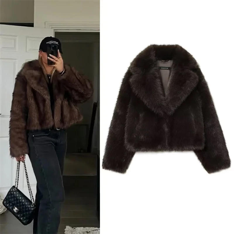 

Women's Jacket 2025 Autumn New Style Dark Brown Long-Sleeve Faux Fur Effect Short Jacket Fashionable and Warm