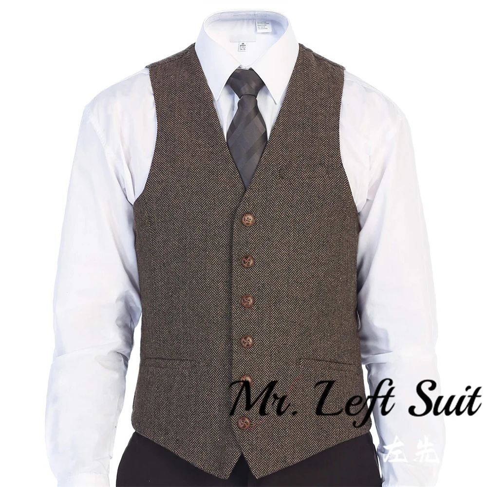 

Brown Mens Suit Vest V Neck Wool Herringbone Casual Formal Business Vest Waistcoat Groomman For Wedding