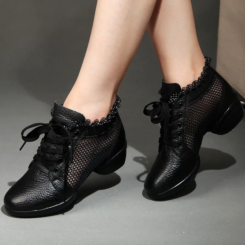 

Cowhide dance shoes for spring and summer, new mesh breathable square dance shoes, soft soled sailor dance shoes