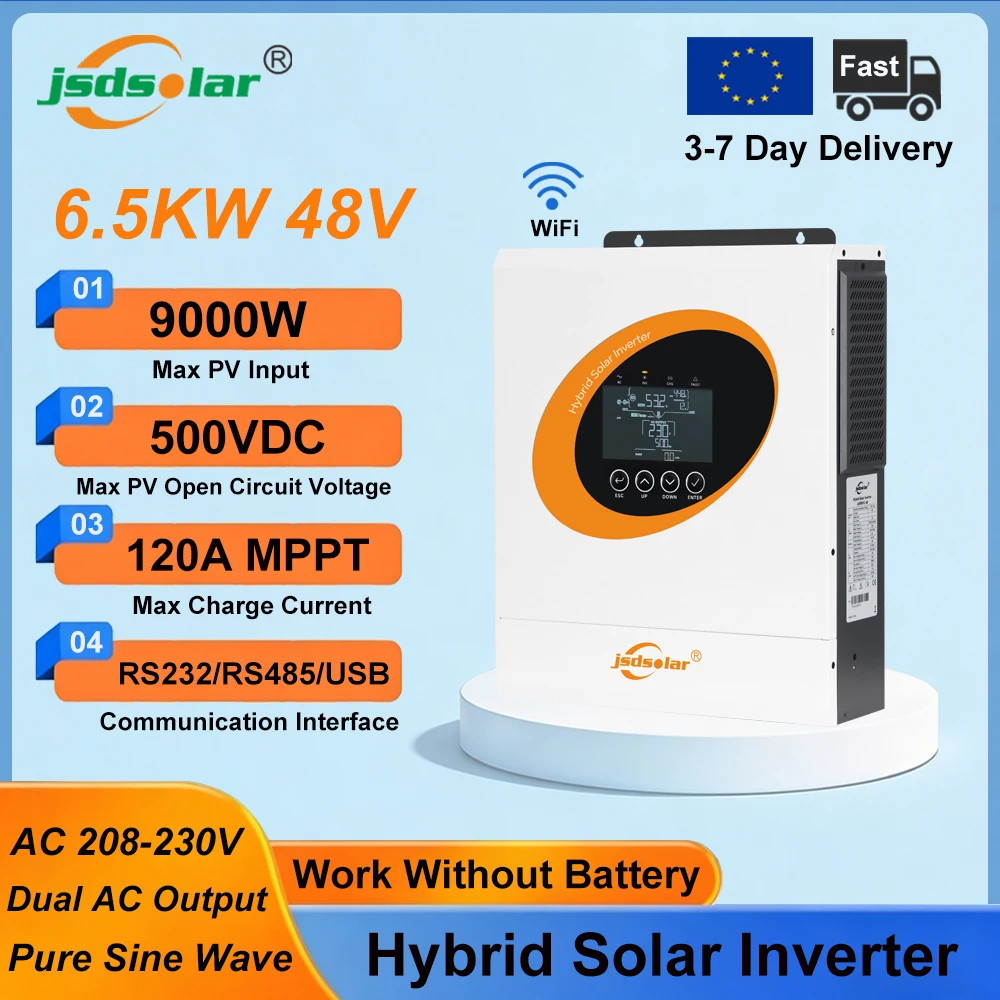 Jsdsolar Onduleur Solaire Hybride 6.5KW 48V 230VAC Onde Sinusoïdale Pure Hors Réseau MPPT 120A Chargeur Solaire PV 500VDC Max PV 9000W Double Sortie AC Avec WiFi Pour Système de Stockage d'Énergie