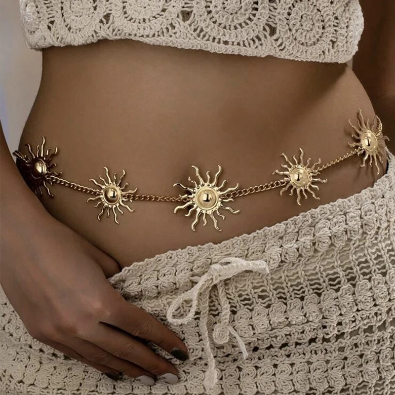 Retro Punk Sun Pendant Body Chain Women Silver Metal Hip Belt for Low Rise Jeans Skirt Summer Fashion Jewelry Trendy Accessory