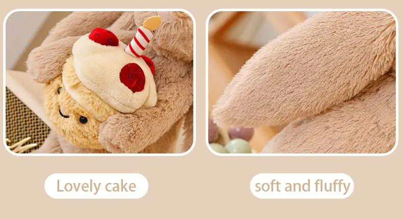 Neues Plüsch-Kaninchen-Spielzeug mit Blumenohren und Kuchenhaltendem Kaninchen – Niedliche Dekopuppe, Weiches Geburtstagsgeschenk für Kinder – Detail 5