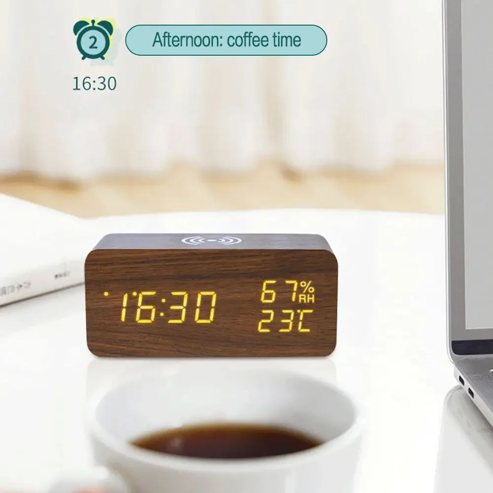 Digital Alarm Clock With Wireless Charging Home LED Small Bedside Clock With Temperature And Humidity Display Wood Grain Clock