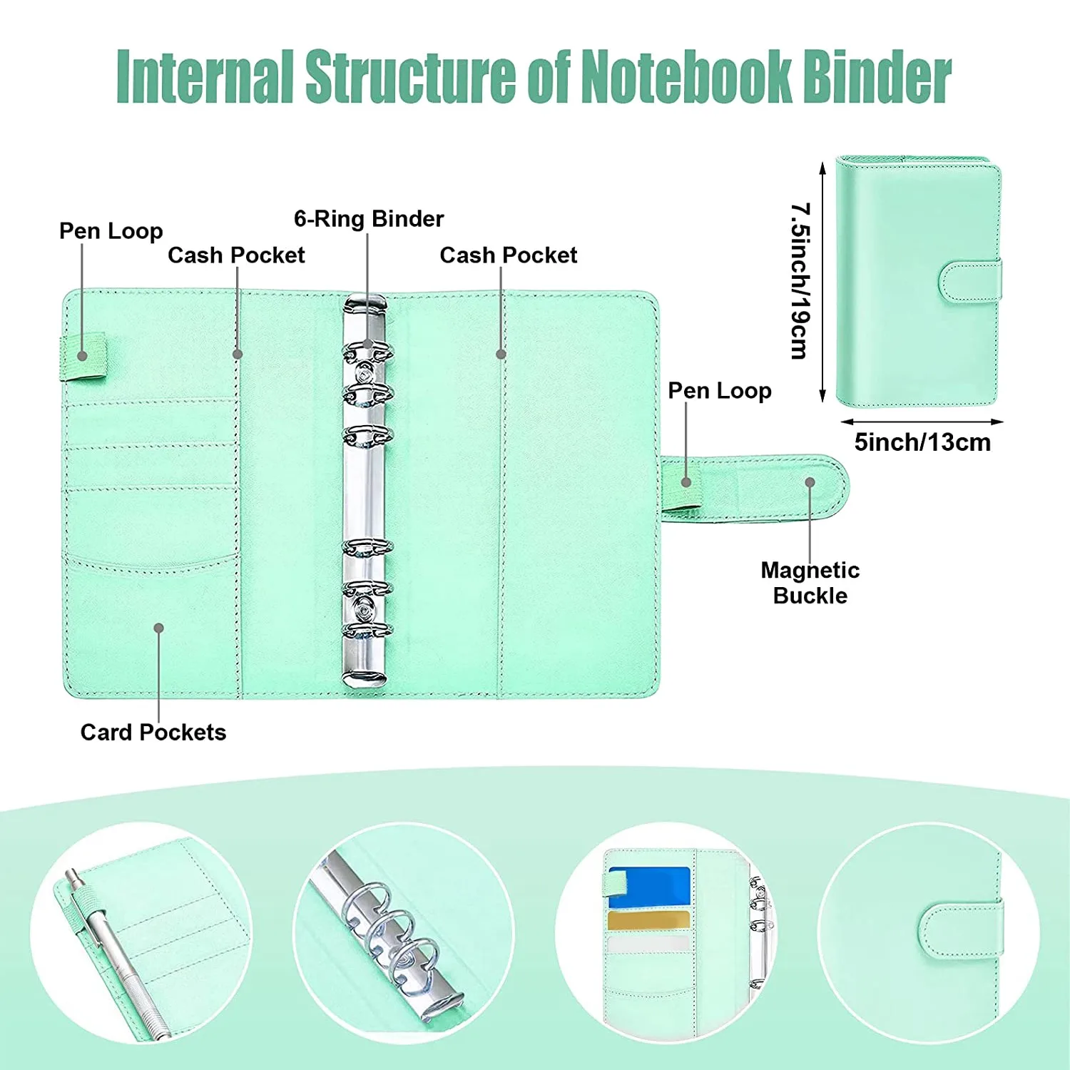 Notebook Binder Budget Planner,A6 Cash Envelope System Binder with Binder Pockets,Expense Budget Sheets(Green)
