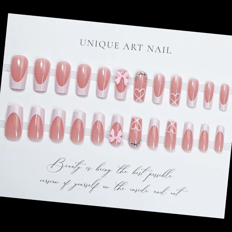 24pcs Long Pink Bow Rhinestone Fake Nails French Press on Nails Wholesale Nail Tips False Nails Beautiful prosthetic Nail Set