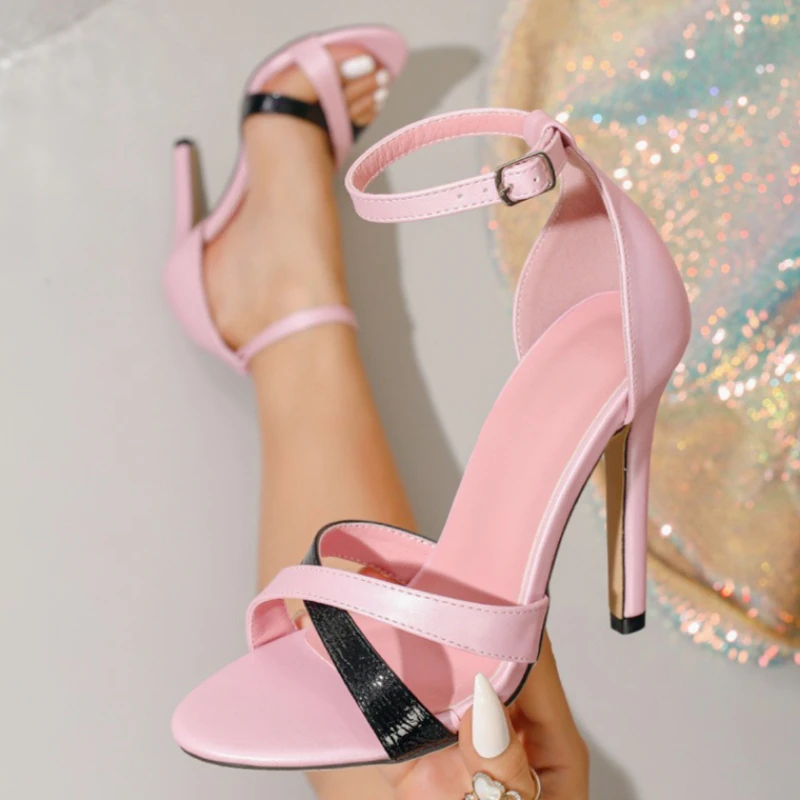 

Sexy Pink Cross Narrow Band High Heels Women Fashion Satin Open Toe Ankle Strap Stiletto Sandals Comfortable Banquet Shoes