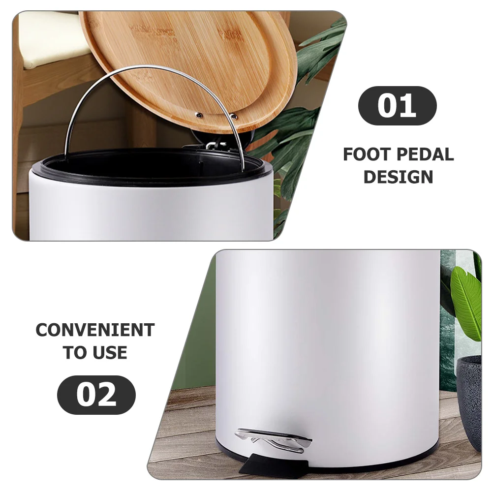 

5L Bamboo Lid Trash Can Slow-Closing Foot Pedal Garbage Container For Bathroom Bedroom Kitchen Home Waste Basket Step-On Trash