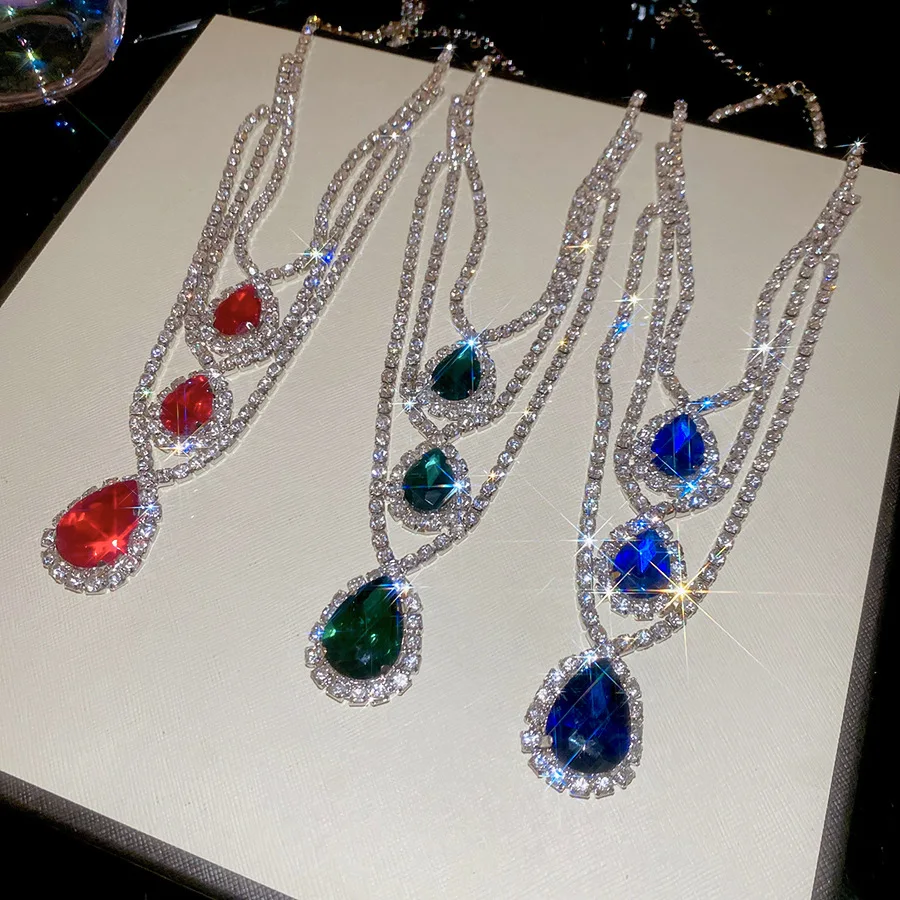 Super flash diamond three-layer water drop pendant necklace palace style elegant temperament clavicle chain